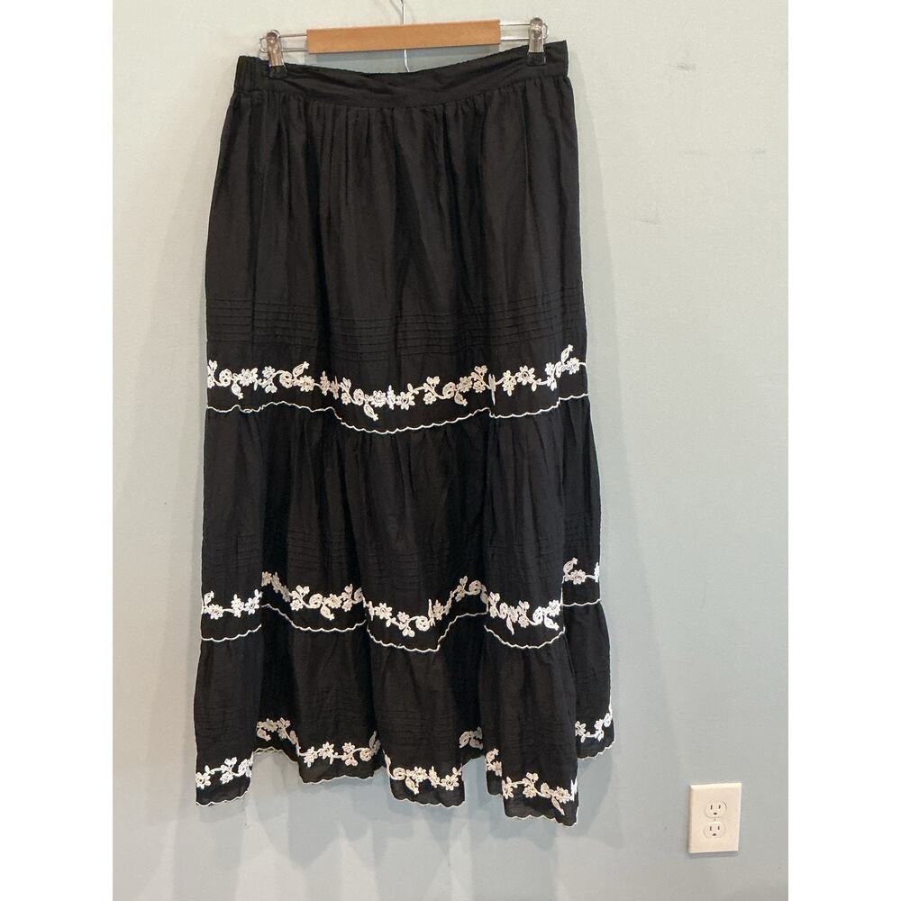 Laffaire Womens Tiered Embroidered Maxi Skirt Size L Black Boho Peasant Prairie
